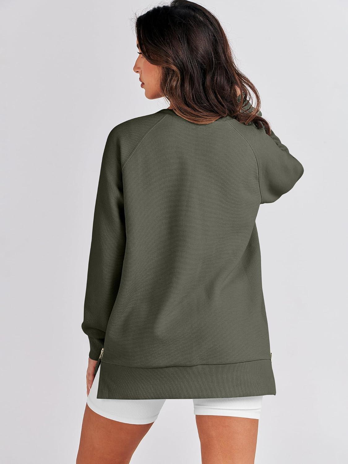 imageANRABESS Womens Oversized Sweatshirts Crewneck Long Sleeve Tunic Pullover Shirts Side Zipper Hoodies 2025 Fall ClothesArmy Green