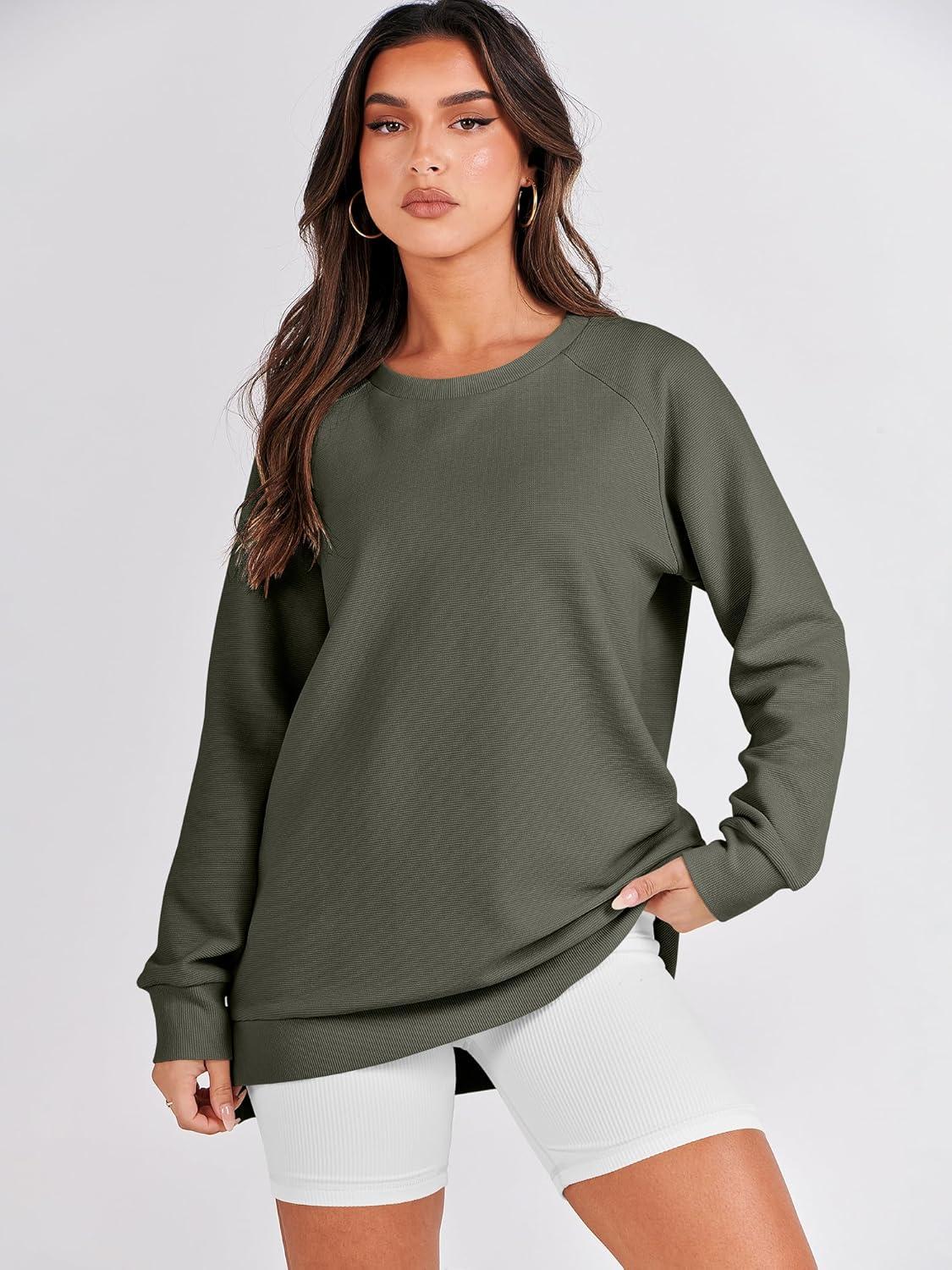 imageANRABESS Womens Oversized Sweatshirts Crewneck Long Sleeve Tunic Pullover Shirts Side Zipper Hoodies 2025 Fall ClothesArmy Green