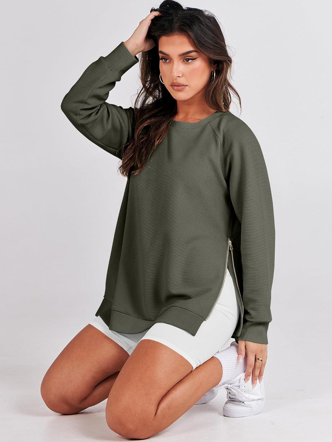 imageANRABESS Womens Oversized Sweatshirts Crewneck Long Sleeve Tunic Pullover Shirts Side Zipper Hoodies 2025 Fall ClothesArmy Green
