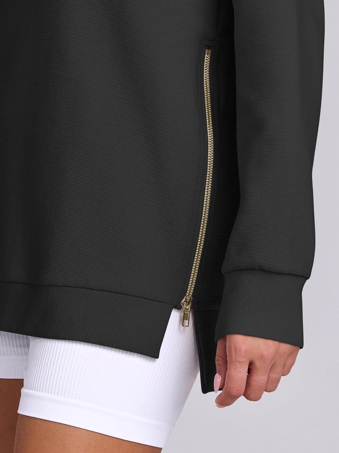 imageANRABESS Womens Oversized Sweatshirts Crewneck Long Sleeve Tunic Pullover Shirts Side Zipper Hoodies 2025 Fall ClothesBlack