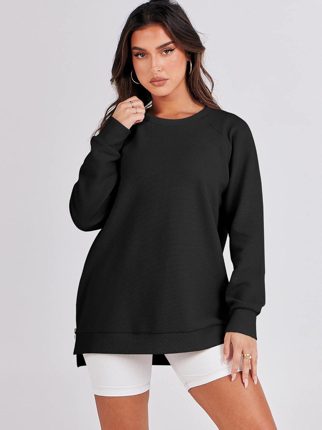 imageANRABESS Womens Oversized Sweatshirts Crewneck Long Sleeve Tunic Pullover Shirts Side Zipper Hoodies 2025 Fall ClothesBlack