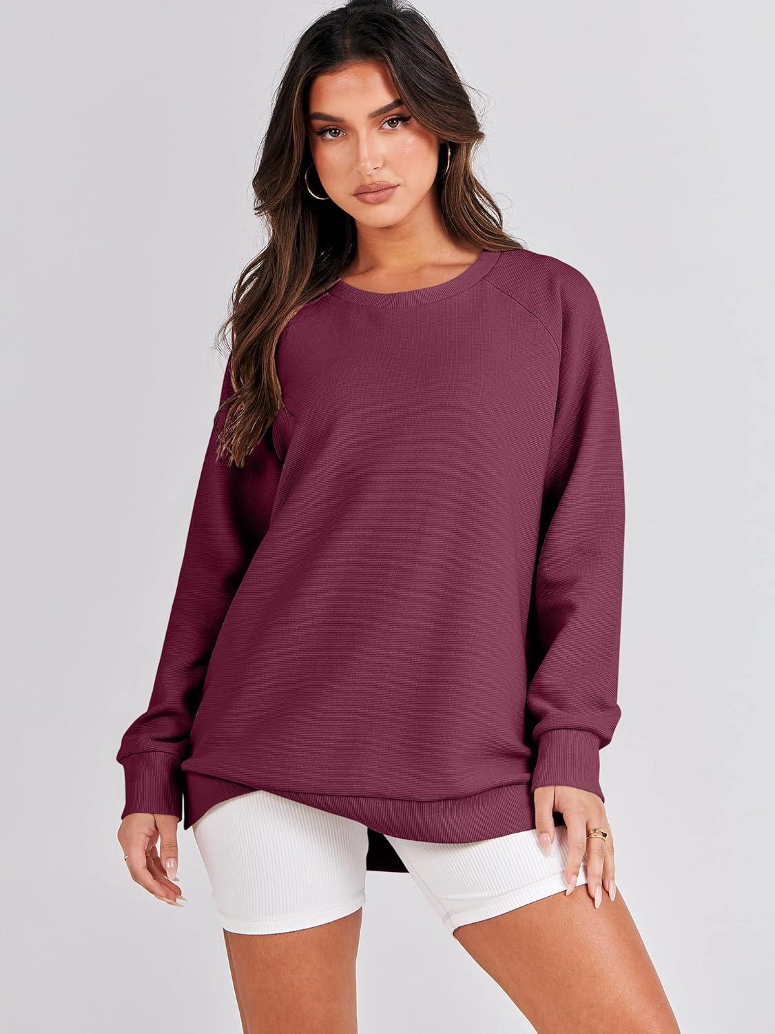 imageANRABESS Womens Oversized Sweatshirts Crewneck Long Sleeve Tunic Pullover Shirts Side Zipper Hoodies 2025 Fall ClothesBurgundy