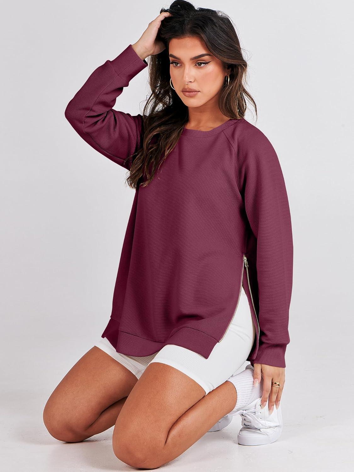 imageANRABESS Womens Oversized Sweatshirts Crewneck Long Sleeve Tunic Pullover Shirts Side Zipper Hoodies 2025 Fall ClothesBurgundy