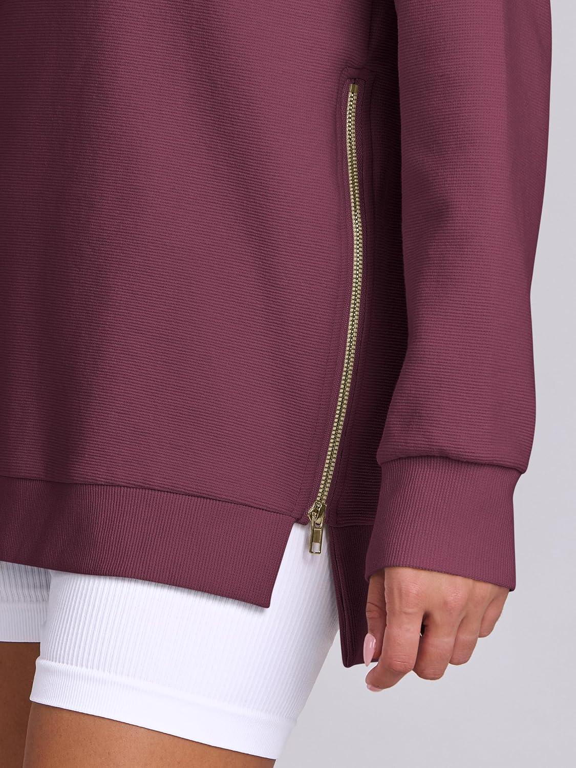 imageANRABESS Womens Oversized Sweatshirts Crewneck Long Sleeve Tunic Pullover Shirts Side Zipper Hoodies 2025 Fall ClothesBurgundy
