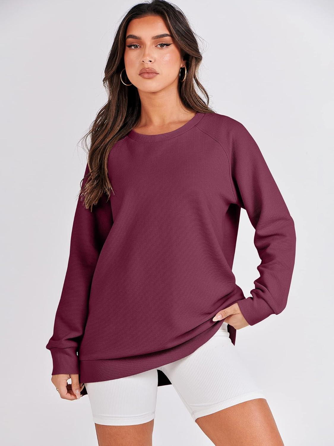 imageANRABESS Womens Oversized Sweatshirts Crewneck Long Sleeve Tunic Pullover Shirts Side Zipper Hoodies 2025 Fall ClothesBurgundy