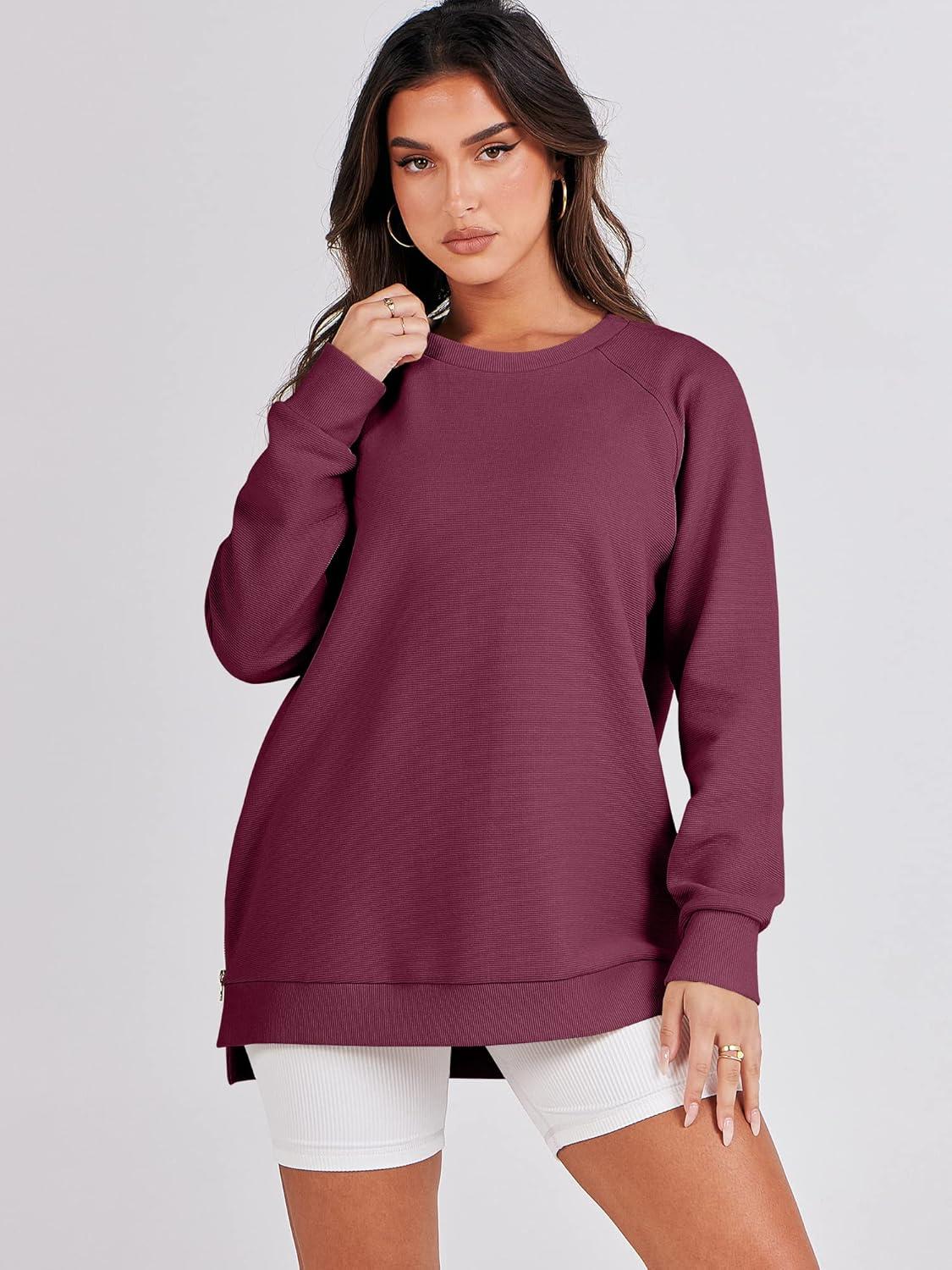 imageANRABESS Womens Oversized Sweatshirts Crewneck Long Sleeve Tunic Pullover Shirts Side Zipper Hoodies 2025 Fall ClothesBurgundy