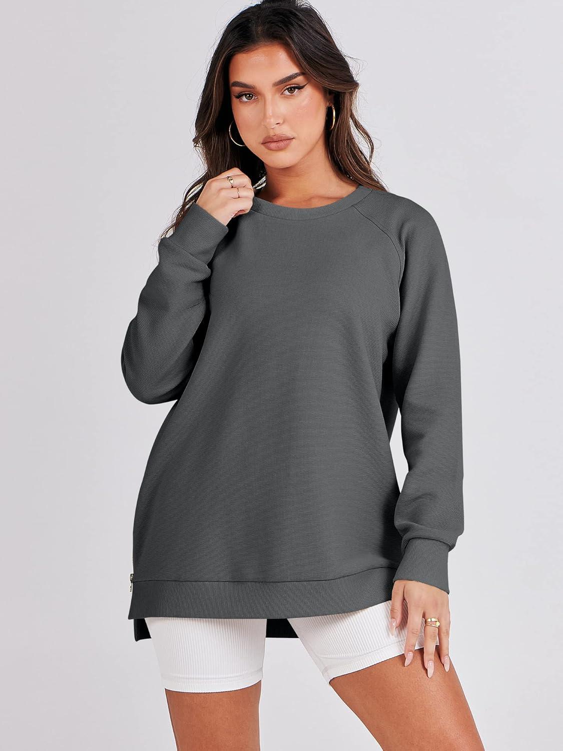 imageANRABESS Womens Oversized Sweatshirts Crewneck Long Sleeve Tunic Pullover Shirts Side Zipper Hoodies 2025 Fall ClothesDark Grey