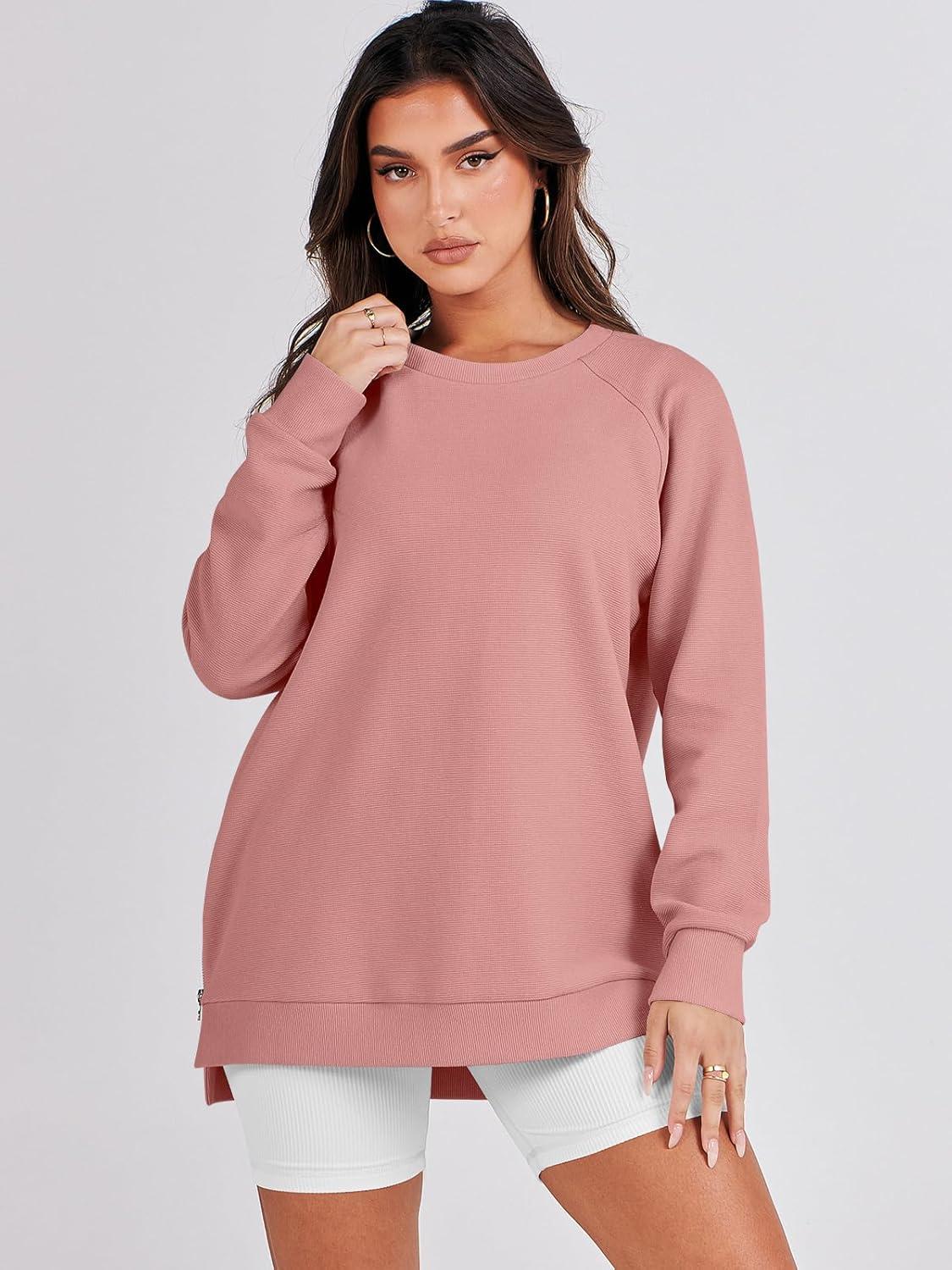 imageANRABESS Womens Oversized Sweatshirts Crewneck Long Sleeve Tunic Pullover Shirts Side Zipper Hoodies 2025 Fall ClothesDark Pink