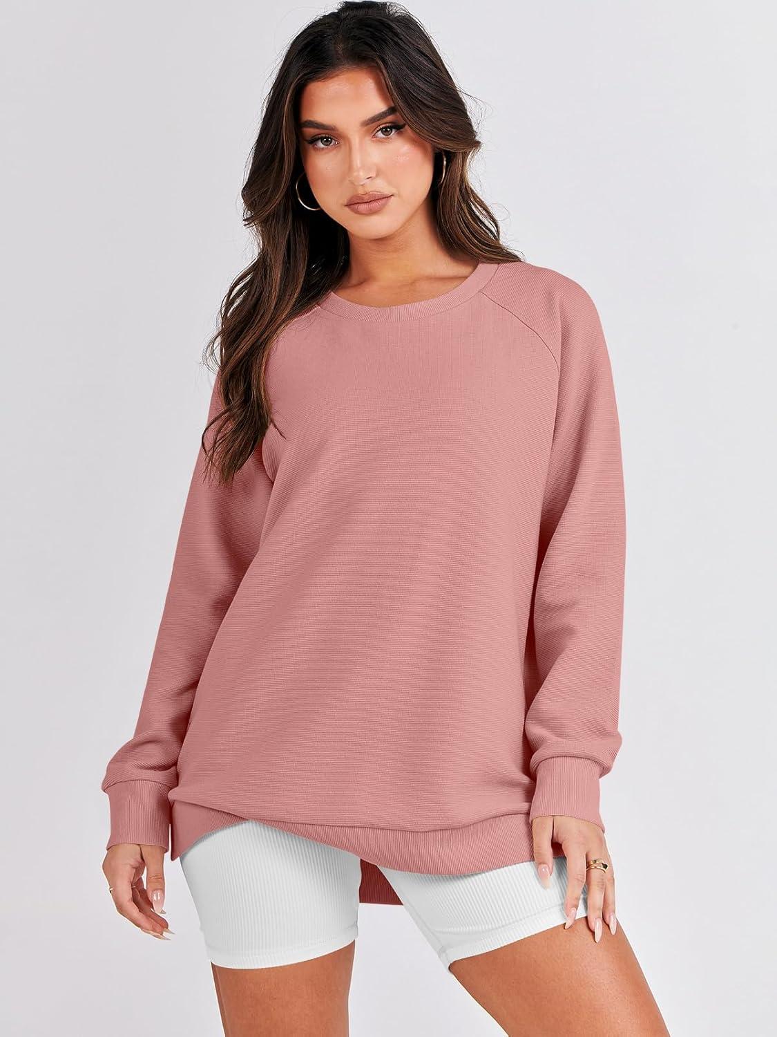 imageANRABESS Womens Oversized Sweatshirts Crewneck Long Sleeve Tunic Pullover Shirts Side Zipper Hoodies 2025 Fall ClothesDark Pink