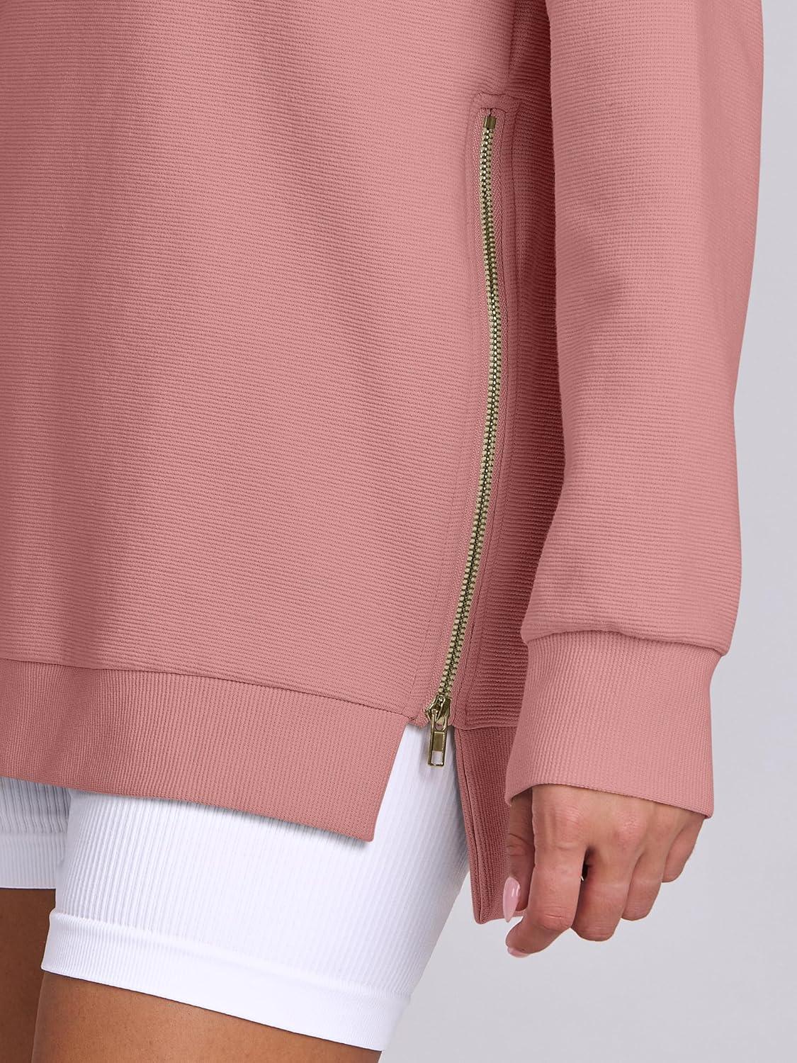 imageANRABESS Womens Oversized Sweatshirts Crewneck Long Sleeve Tunic Pullover Shirts Side Zipper Hoodies 2025 Fall ClothesDark Pink