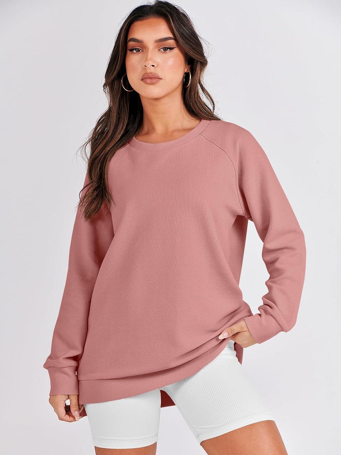 imageANRABESS Womens Oversized Sweatshirts Crewneck Long Sleeve Tunic Pullover Shirts Side Zipper Hoodies 2025 Fall ClothesDark Pink