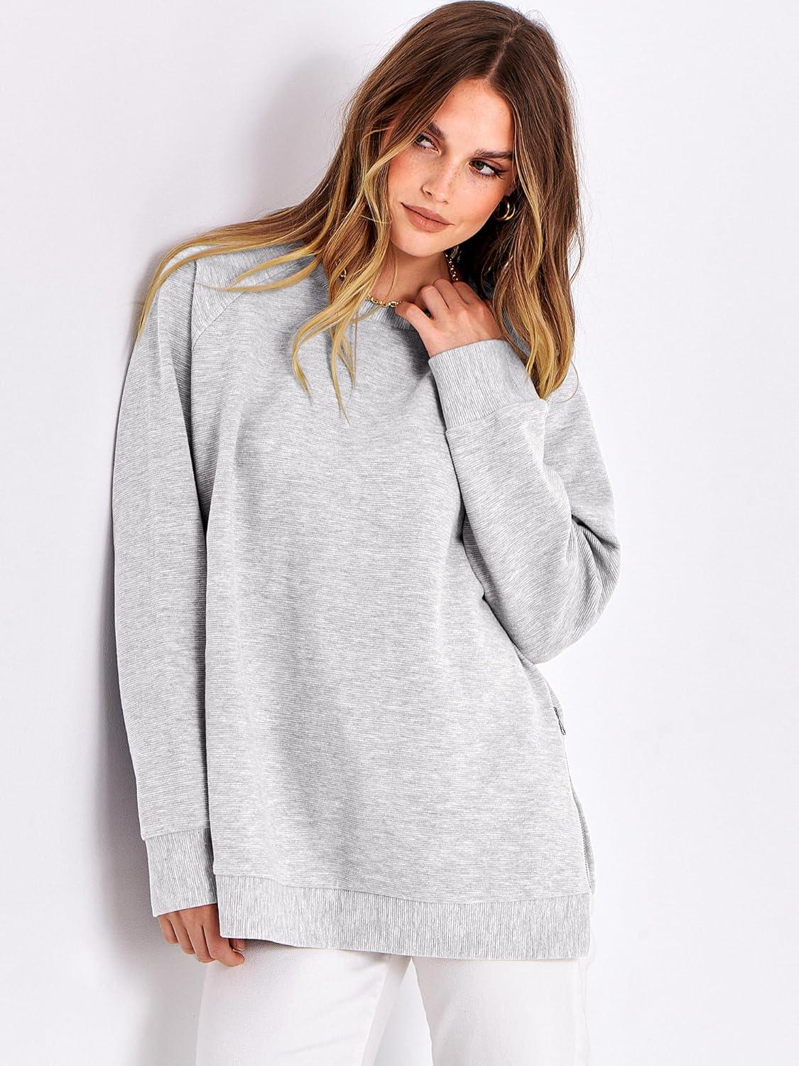 imageANRABESS Womens Oversized Sweatshirts Crewneck Long Sleeve Tunic Pullover Shirts Side Zipper Hoodies 2025 Fall ClothesGray