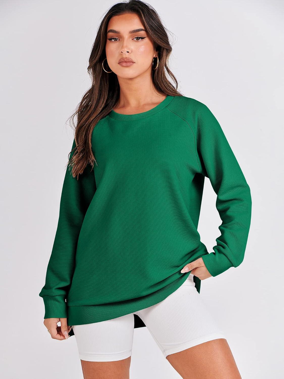 imageANRABESS Womens Oversized Sweatshirts Crewneck Long Sleeve Tunic Pullover Shirts Side Zipper Hoodies 2025 Fall ClothesGreen