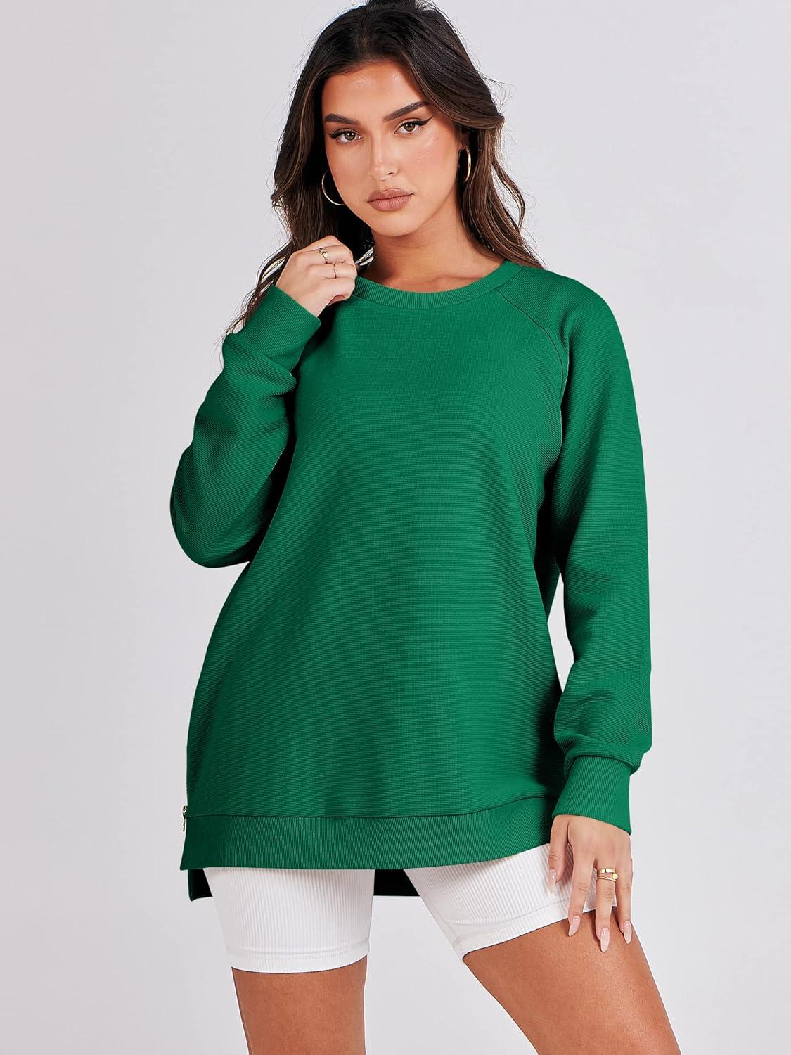 imageANRABESS Womens Oversized Sweatshirts Crewneck Long Sleeve Tunic Pullover Shirts Side Zipper Hoodies 2025 Fall ClothesGreen