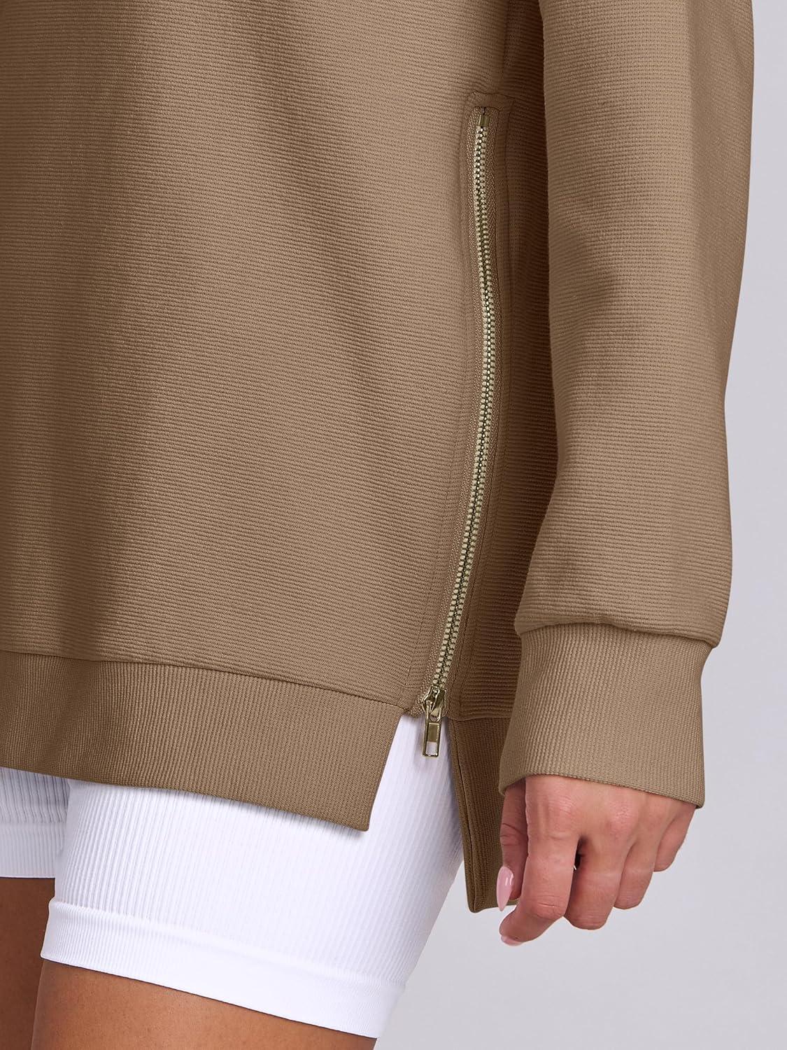 imageANRABESS Womens Oversized Sweatshirts Crewneck Long Sleeve Tunic Pullover Shirts Side Zipper Hoodies 2025 Fall ClothesKhaki