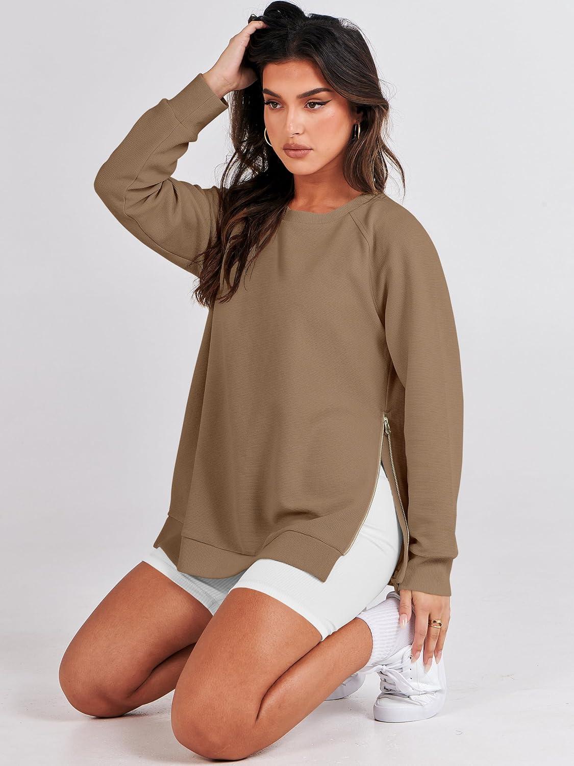 imageANRABESS Womens Oversized Sweatshirts Crewneck Long Sleeve Tunic Pullover Shirts Side Zipper Hoodies 2025 Fall ClothesKhaki