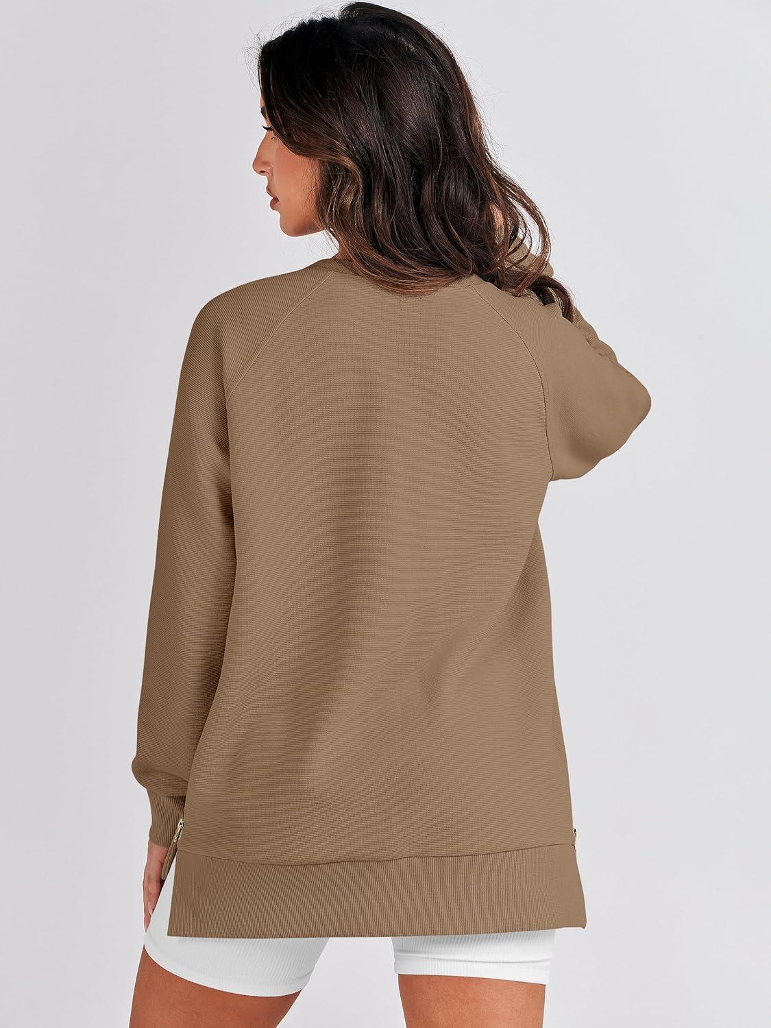 imageANRABESS Womens Oversized Sweatshirts Crewneck Long Sleeve Tunic Pullover Shirts Side Zipper Hoodies 2025 Fall ClothesKhaki
