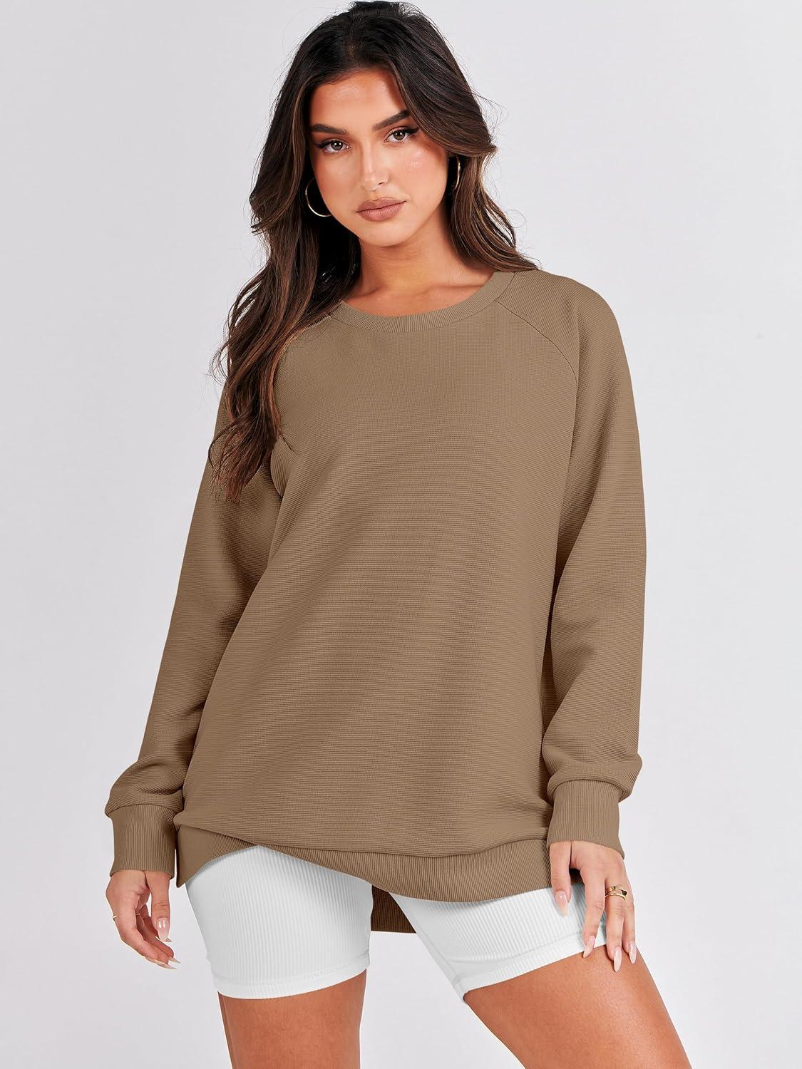 imageANRABESS Womens Oversized Sweatshirts Crewneck Long Sleeve Tunic Pullover Shirts Side Zipper Hoodies 2025 Fall ClothesKhaki