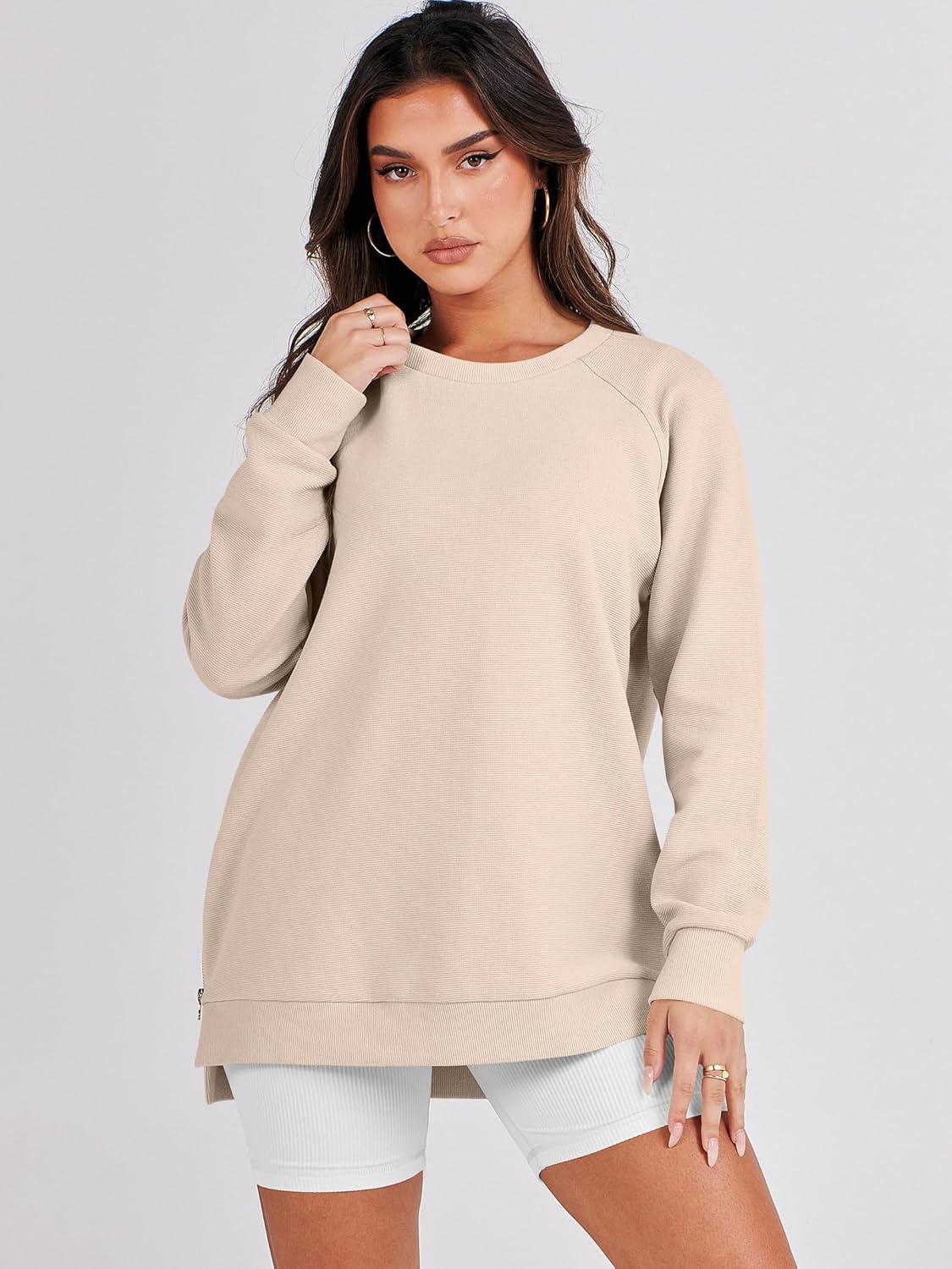 imageANRABESS Womens Oversized Sweatshirts Crewneck Long Sleeve Tunic Pullover Shirts Side Zipper Hoodies 2025 Fall ClothesLight Almond