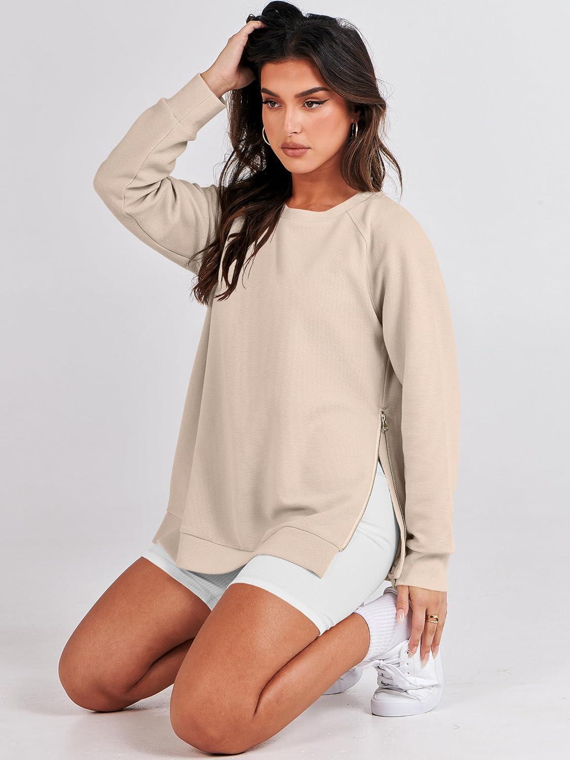 imageANRABESS Womens Oversized Sweatshirts Crewneck Long Sleeve Tunic Pullover Shirts Side Zipper Hoodies 2025 Fall ClothesLight Almond