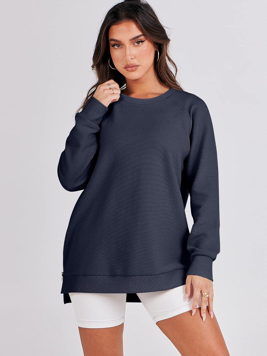imageANRABESS Womens Oversized Sweatshirts Crewneck Long Sleeve Tunic Pullover Shirts Side Zipper Hoodies 2025 Fall ClothesNavy Blue