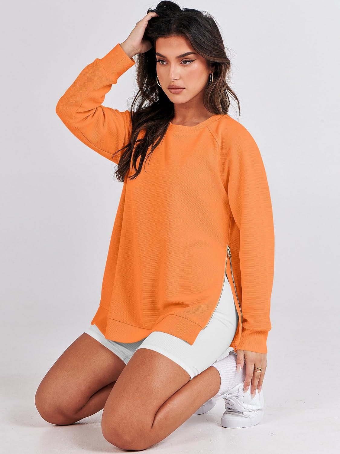 imageANRABESS Womens Oversized Sweatshirts Crewneck Long Sleeve Tunic Pullover Shirts Side Zipper Hoodies 2025 Fall ClothesOrange