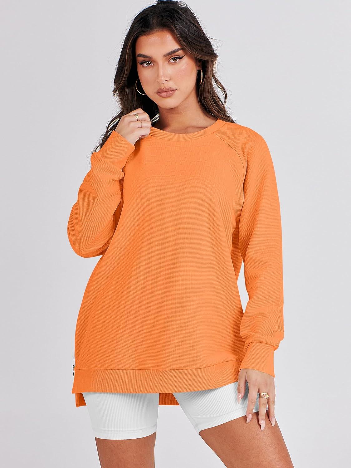 imageANRABESS Womens Oversized Sweatshirts Crewneck Long Sleeve Tunic Pullover Shirts Side Zipper Hoodies 2025 Fall ClothesOrange