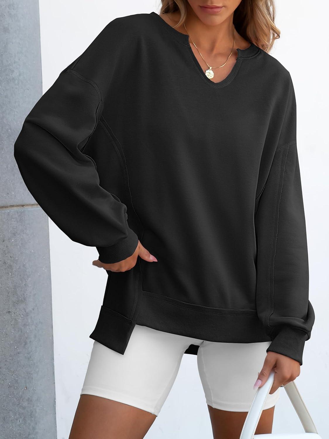 imageANRABESS Womens Oversized Sweatshirts Long Sleeve Tunic Shirts V Neck Loose Pullover Tops 2025 Trendy Fall Teen Girls OutfitBlack