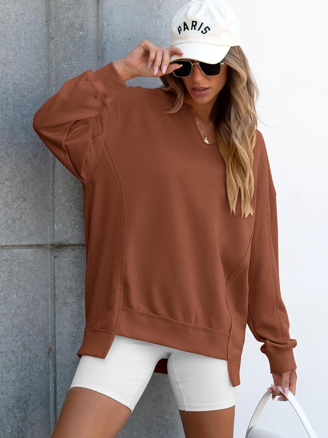 imageANRABESS Womens Oversized Sweatshirts Long Sleeve Tunic Shirts V Neck Loose Pullover Tops 2025 Trendy Fall Teen Girls OutfitCaramel Brown