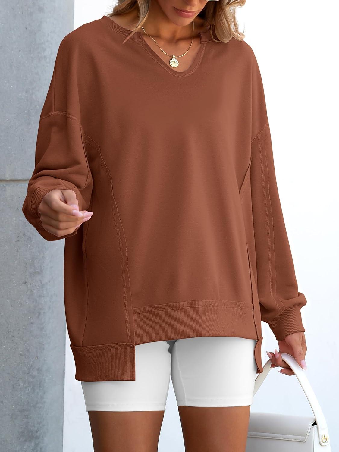 imageANRABESS Womens Oversized Sweatshirts Long Sleeve Tunic Shirts V Neck Loose Pullover Tops 2025 Trendy Fall Teen Girls OutfitCaramel Brown