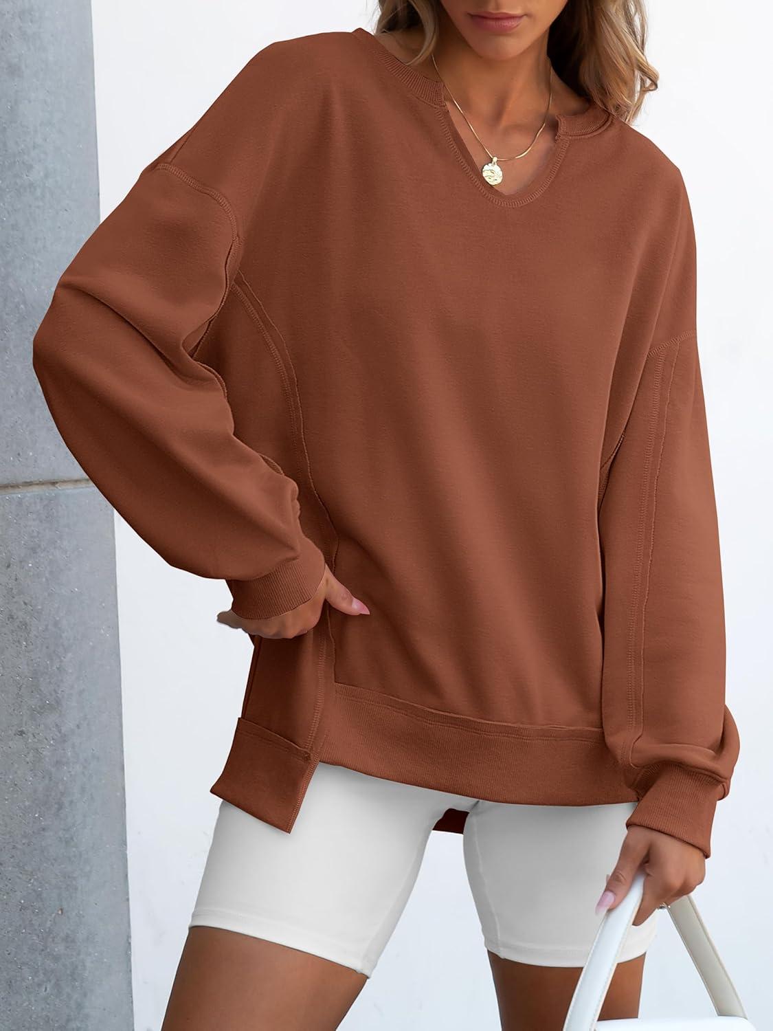 imageANRABESS Womens Oversized Sweatshirts Long Sleeve Tunic Shirts V Neck Loose Pullover Tops 2025 Trendy Fall Teen Girls OutfitCaramel Brown