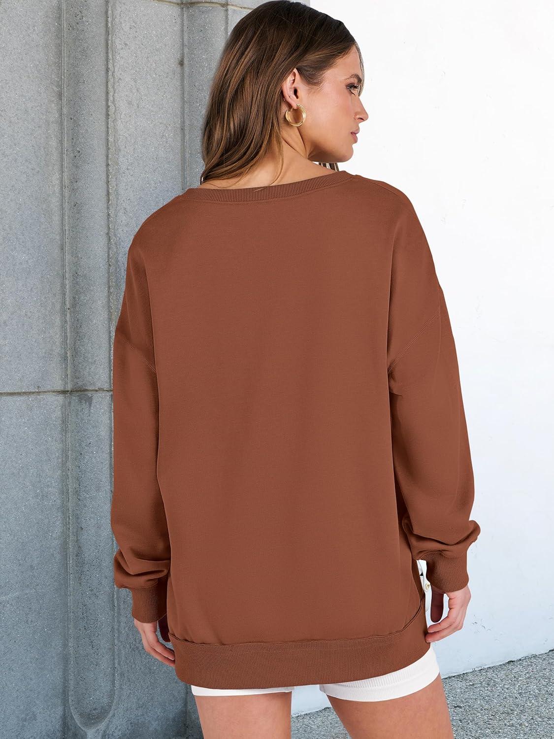 imageANRABESS Womens Oversized Sweatshirts Long Sleeve Tunic Shirts V Neck Loose Pullover Tops 2025 Trendy Fall Teen Girls OutfitCaramel Brown