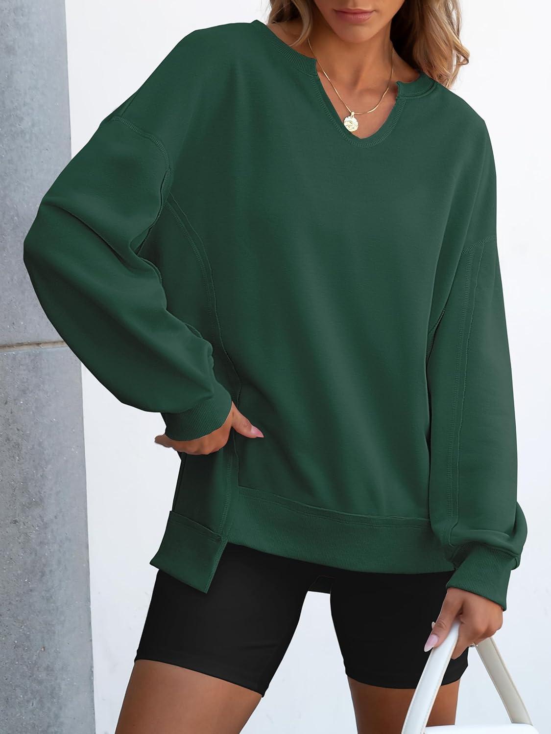 imageANRABESS Womens Oversized Sweatshirts Long Sleeve Tunic Shirts V Neck Loose Pullover Tops 2025 Trendy Fall Teen Girls OutfitDark Green