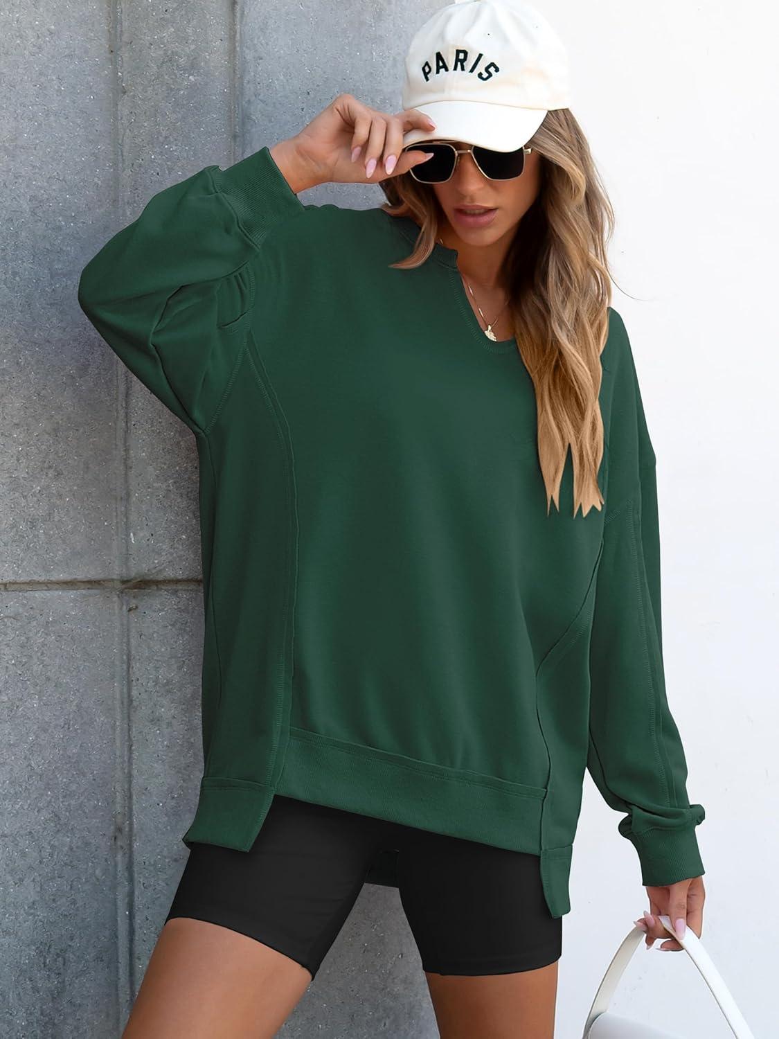 imageANRABESS Womens Oversized Sweatshirts Long Sleeve Tunic Shirts V Neck Loose Pullover Tops 2025 Trendy Fall Teen Girls OutfitDark Green