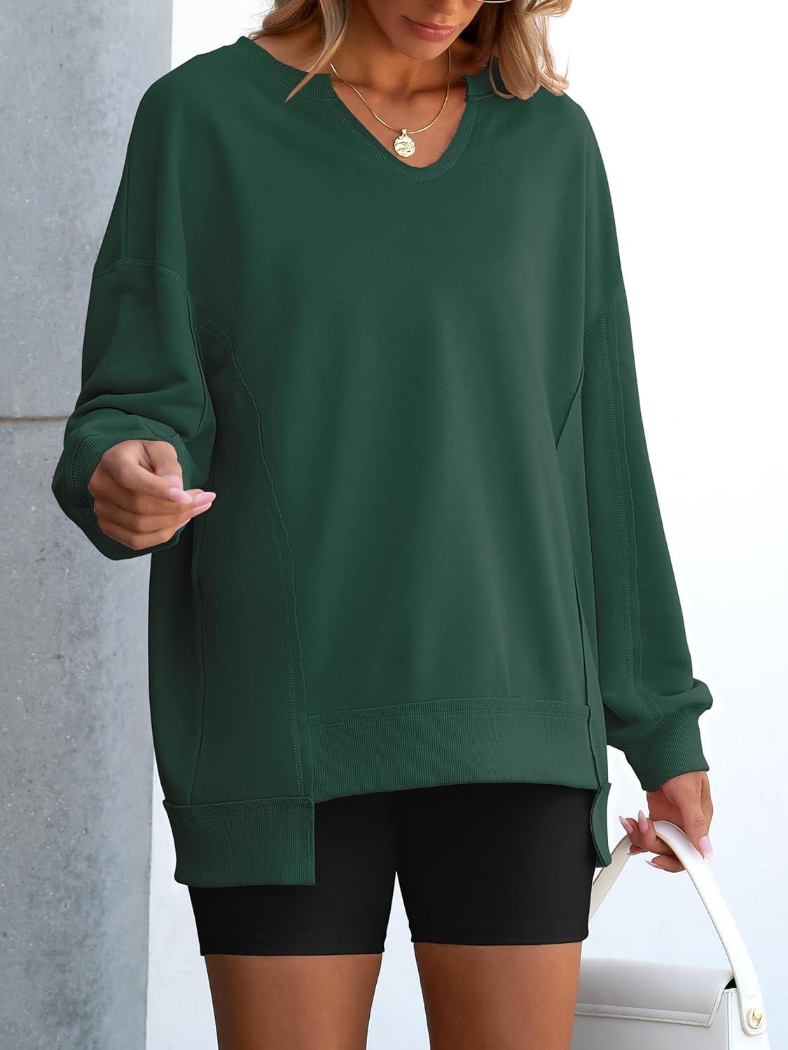 imageANRABESS Womens Oversized Sweatshirts Long Sleeve Tunic Shirts V Neck Loose Pullover Tops 2025 Trendy Fall Teen Girls OutfitDark Green