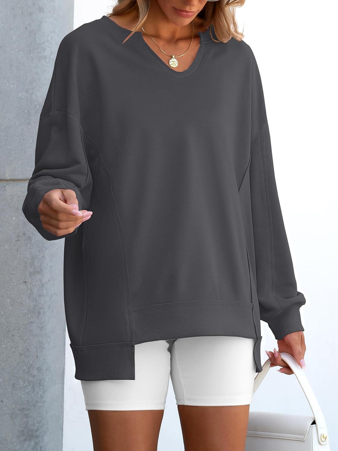 imageANRABESS Womens Oversized Sweatshirts Long Sleeve Tunic Shirts V Neck Loose Pullover Tops 2025 Trendy Fall Teen Girls OutfitDark Grey