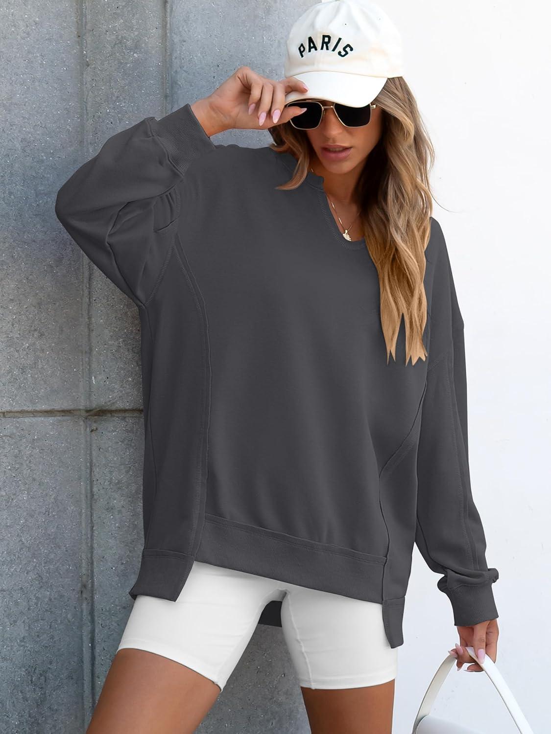 imageANRABESS Womens Oversized Sweatshirts Long Sleeve Tunic Shirts V Neck Loose Pullover Tops 2025 Trendy Fall Teen Girls OutfitDark Grey
