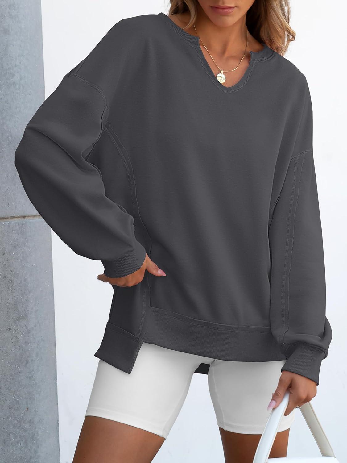 imageANRABESS Womens Oversized Sweatshirts Long Sleeve Tunic Shirts V Neck Loose Pullover Tops 2025 Trendy Fall Teen Girls OutfitDark Grey