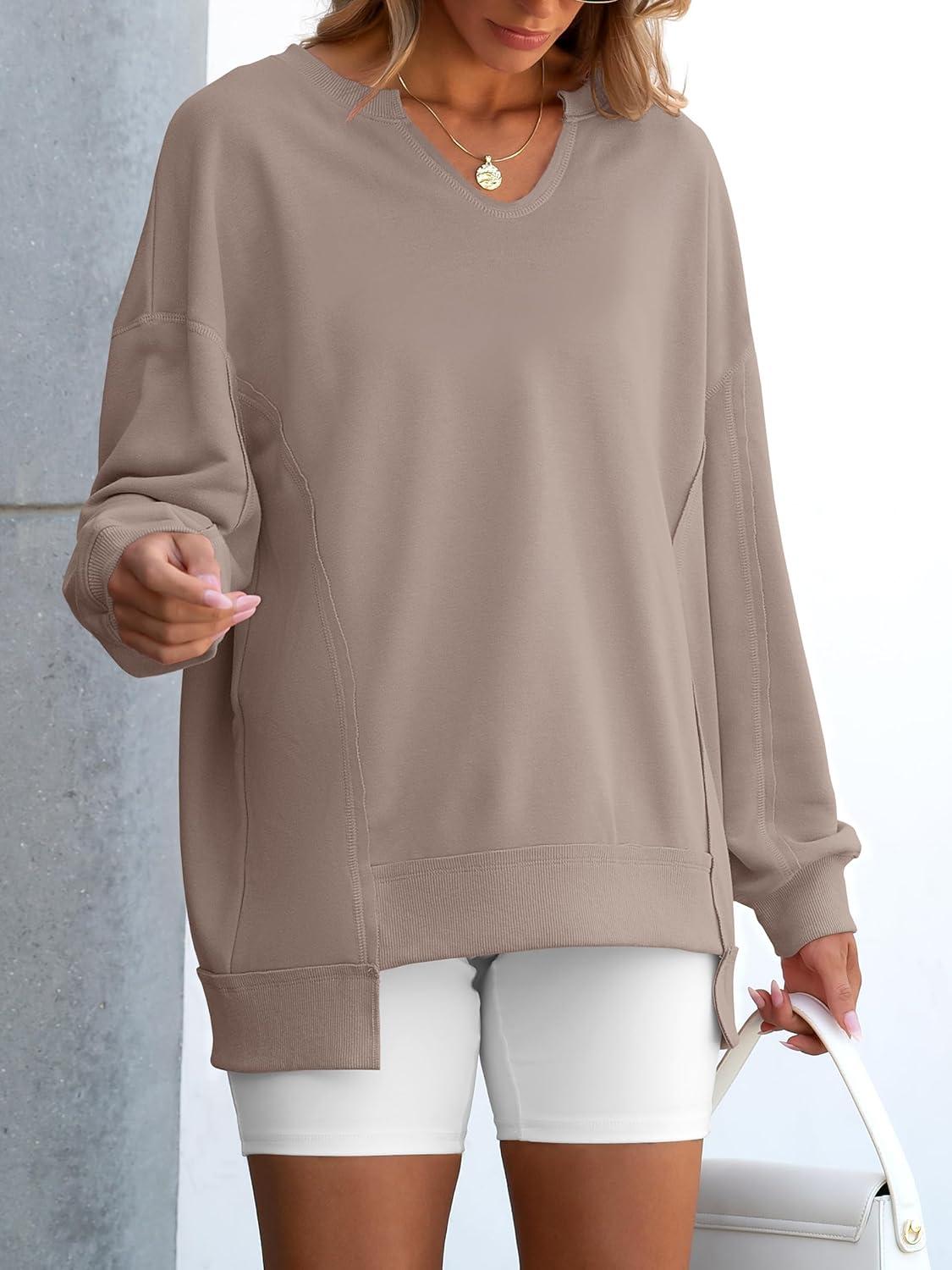 imageANRABESS Womens Oversized Sweatshirts Long Sleeve Tunic Shirts V Neck Loose Pullover Tops 2025 Trendy Fall Teen Girls OutfitDark Khaki