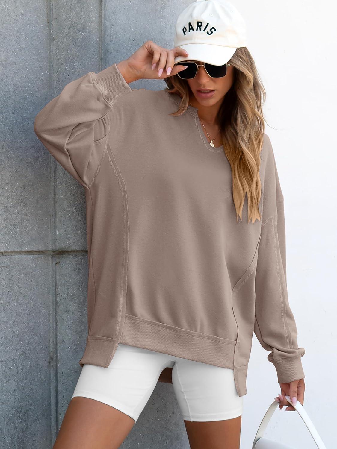 imageANRABESS Womens Oversized Sweatshirts Long Sleeve Tunic Shirts V Neck Loose Pullover Tops 2025 Trendy Fall Teen Girls OutfitDark Khaki