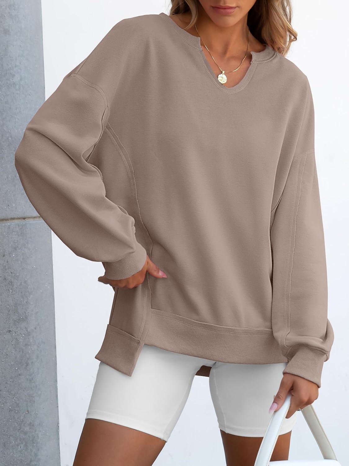 imageANRABESS Womens Oversized Sweatshirts Long Sleeve Tunic Shirts V Neck Loose Pullover Tops 2025 Trendy Fall Teen Girls OutfitDark Khaki