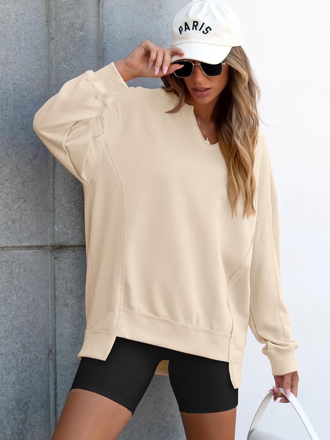 imageANRABESS Womens Oversized Sweatshirts Long Sleeve Tunic Shirts V Neck Loose Pullover Tops 2025 Trendy Fall Teen Girls OutfitKhaki