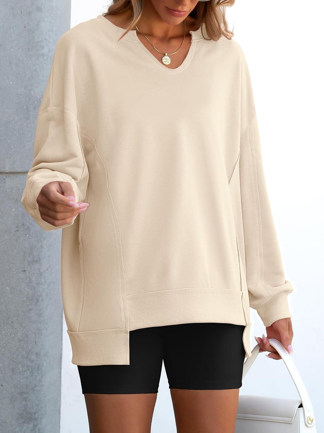 imageANRABESS Womens Oversized Sweatshirts Long Sleeve Tunic Shirts V Neck Loose Pullover Tops 2025 Trendy Fall Teen Girls OutfitKhaki