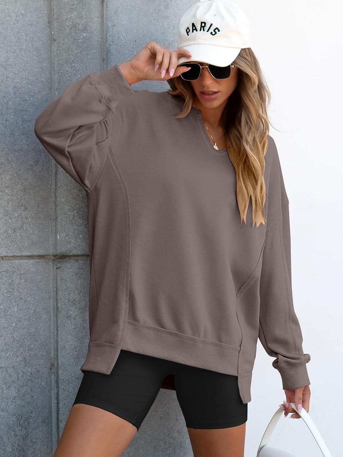 imageANRABESS Womens Oversized Sweatshirts Long Sleeve Tunic Shirts V Neck Loose Pullover Tops 2025 Trendy Fall Teen Girls OutfitLight Brown