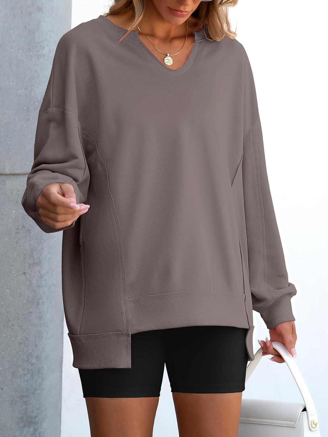 imageANRABESS Womens Oversized Sweatshirts Long Sleeve Tunic Shirts V Neck Loose Pullover Tops 2025 Trendy Fall Teen Girls OutfitLight Brown