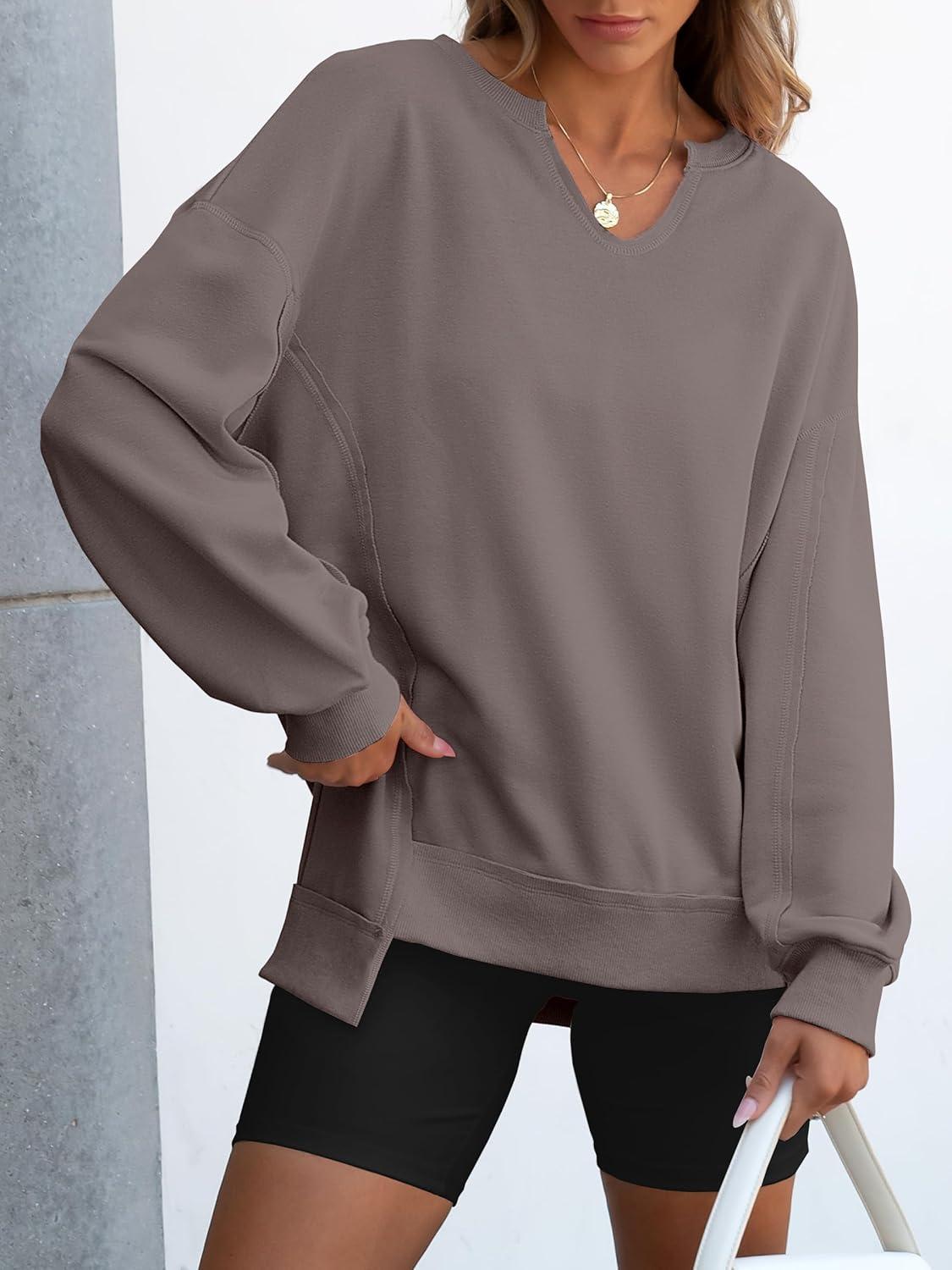 imageANRABESS Womens Oversized Sweatshirts Long Sleeve Tunic Shirts V Neck Loose Pullover Tops 2025 Trendy Fall Teen Girls OutfitLight Brown