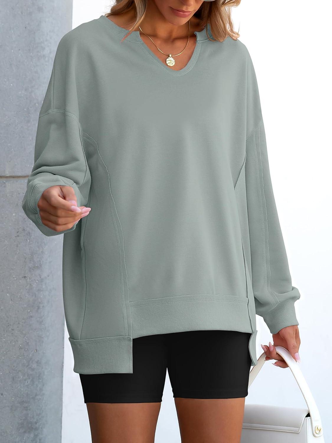 imageANRABESS Womens Oversized Sweatshirts Long Sleeve Tunic Shirts V Neck Loose Pullover Tops 2025 Trendy Fall Teen Girls OutfitLight Green