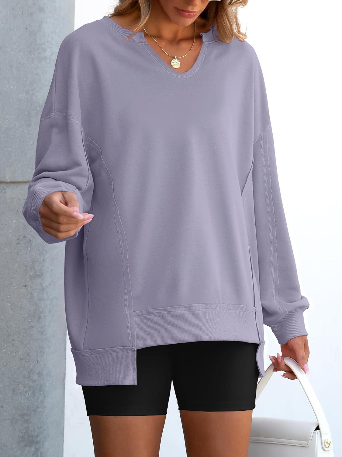 imageANRABESS Womens Oversized Sweatshirts Long Sleeve Tunic Shirts V Neck Loose Pullover Tops 2025 Trendy Fall Teen Girls OutfitLight Purple