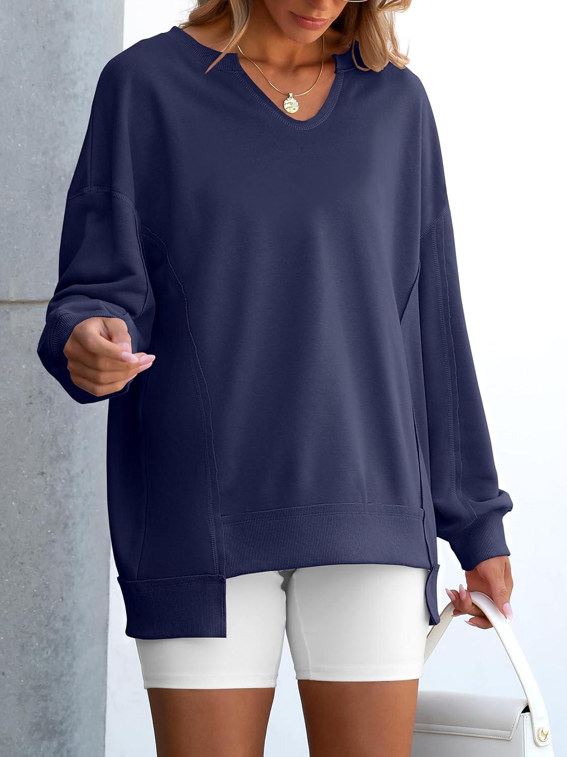imageANRABESS Womens Oversized Sweatshirts Long Sleeve Tunic Shirts V Neck Loose Pullover Tops 2025 Trendy Fall Teen Girls OutfitNavy Blue
