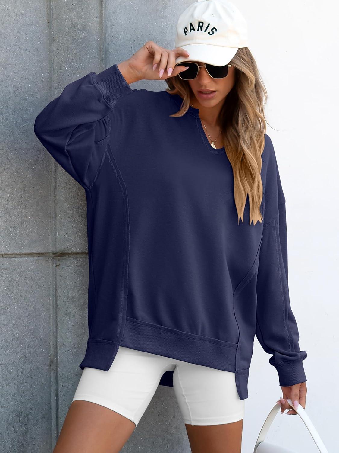 imageANRABESS Womens Oversized Sweatshirts Long Sleeve Tunic Shirts V Neck Loose Pullover Tops 2025 Trendy Fall Teen Girls OutfitNavy Blue